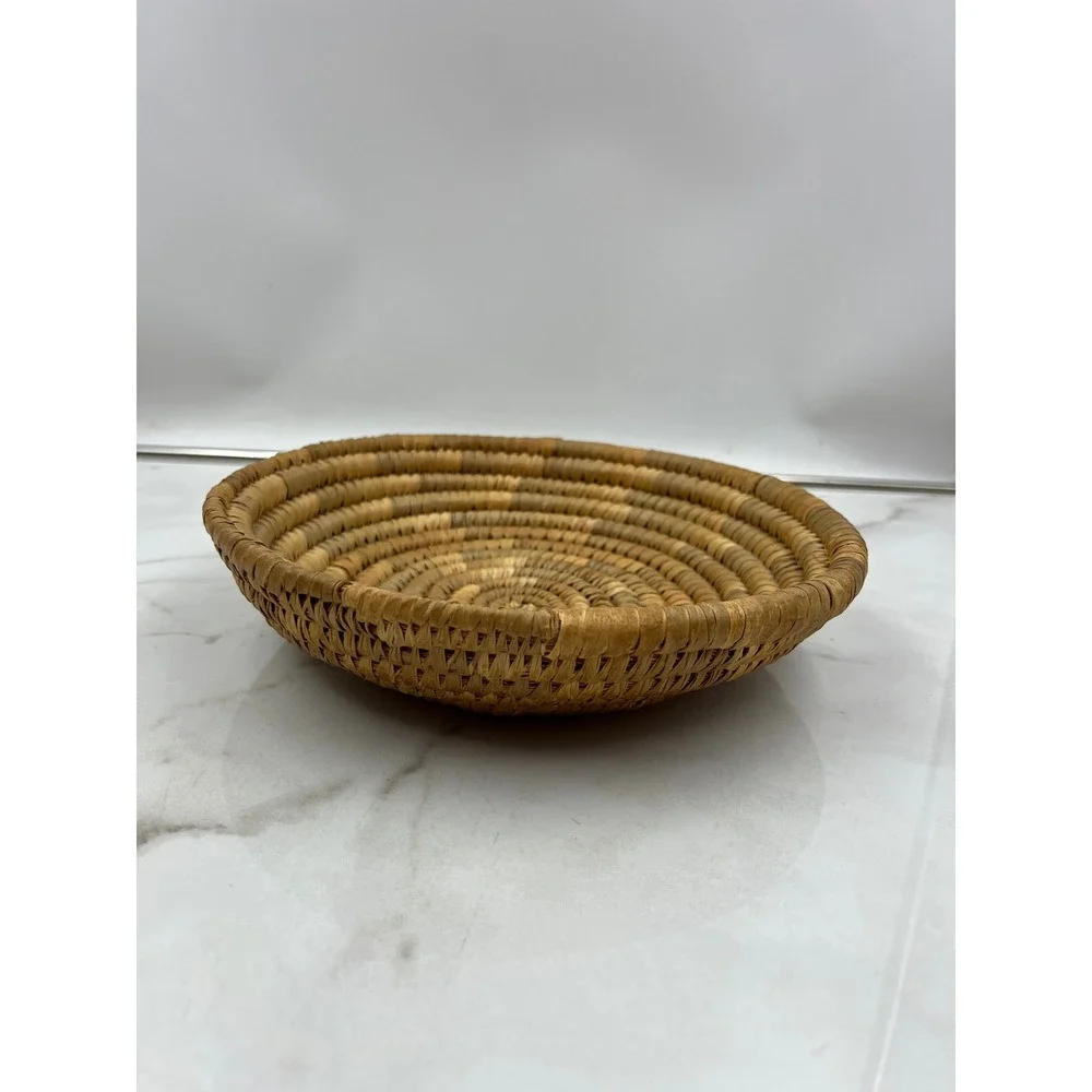 Vintage Hand Woven Coiled Basket Bowl Round Boho Decorative Tray 10.5 Inch